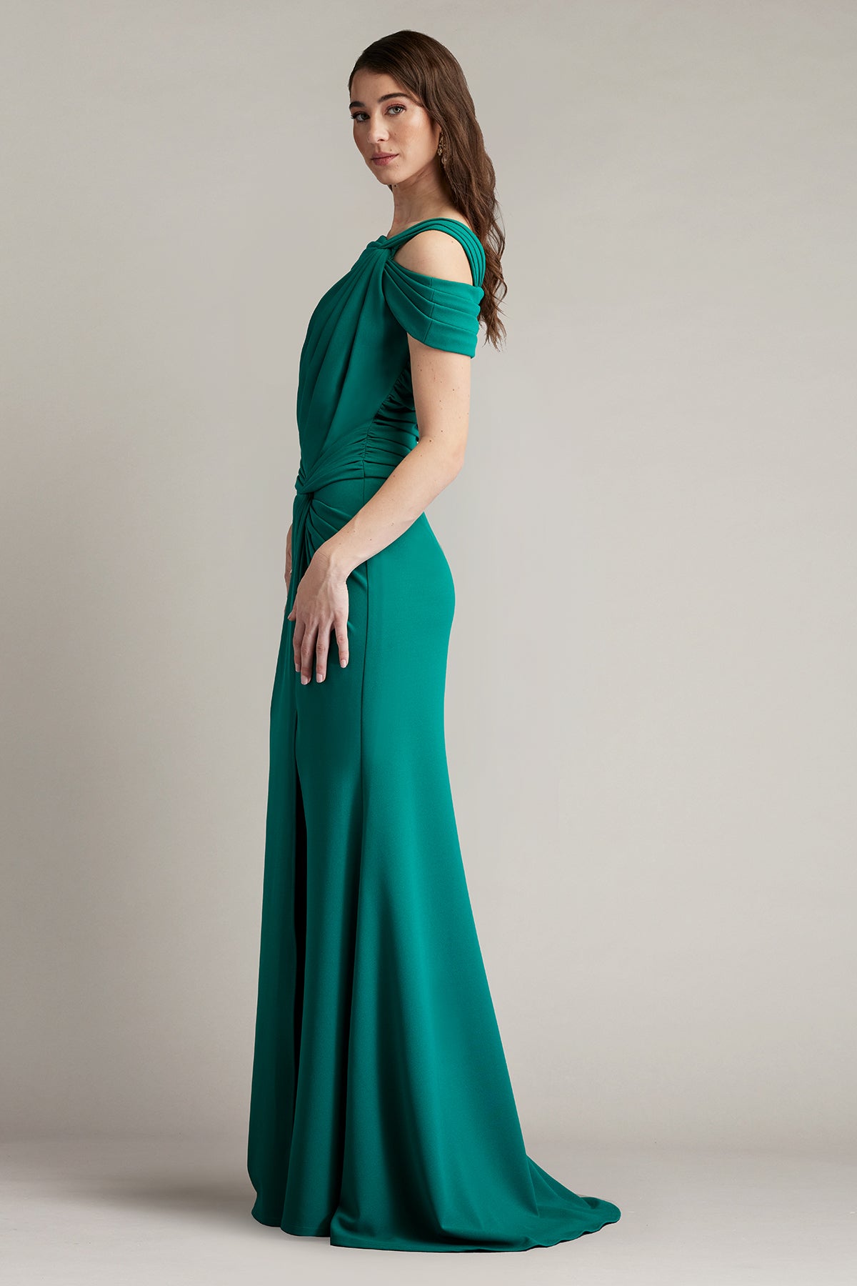 Tadashi Shoji BOS24465L Fitted Long Formal Pleated Slit Prom Dress