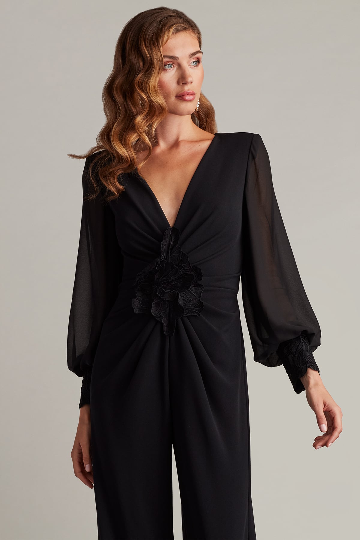 long sleeve jumpsuit dress Tadashi Shoji Women's Sahana Bishop Sleeve Plunge Jumpsuit - Black