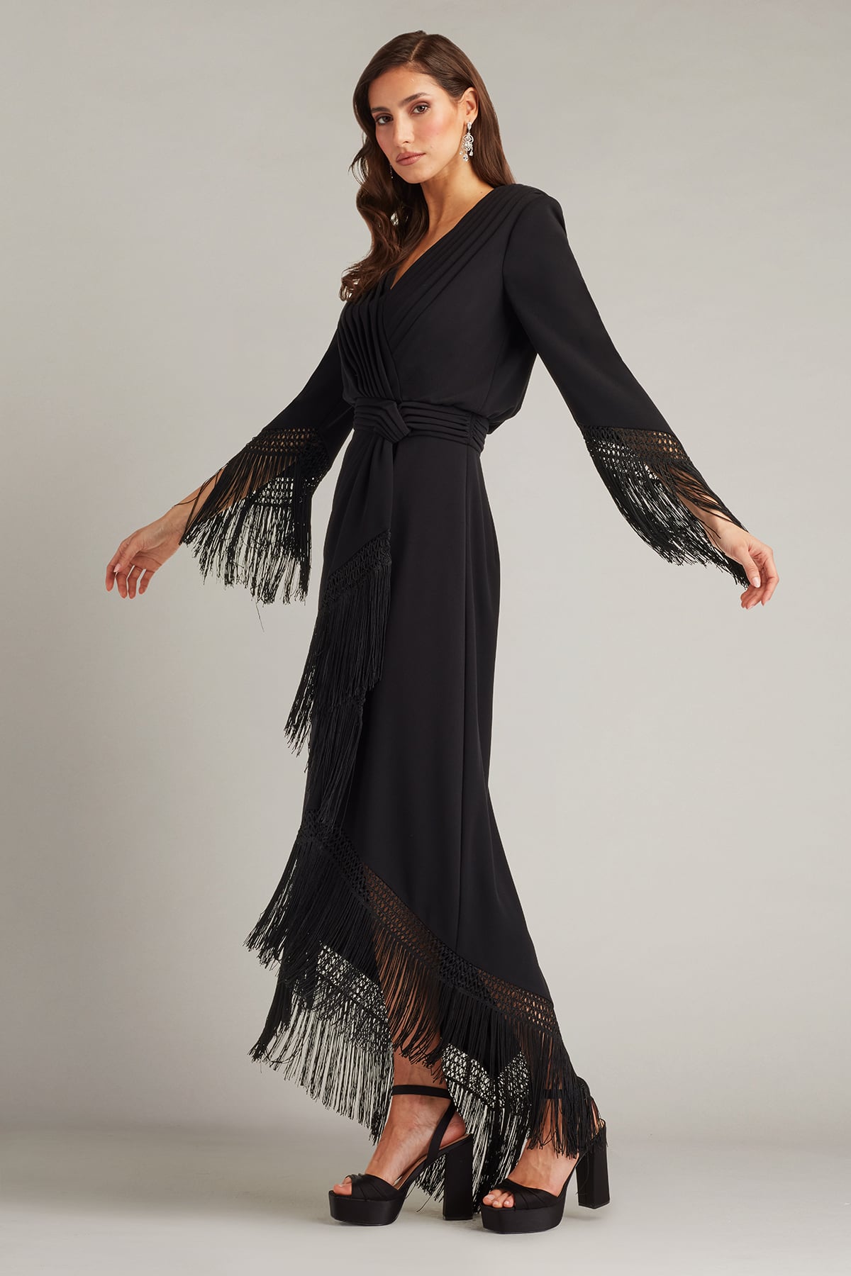 Cocktail Dresses High Low Long Sleeve Tea Length Cocktail Dress Tadashi Shoji BOS25450MD Black