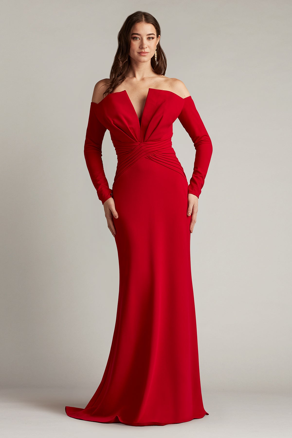 Tadashi Shoji Women's Leona V-Pleat Gown - Red - Size S Tadashi Shoji Women's Leona V-Pleat Gown - Red - Size S
