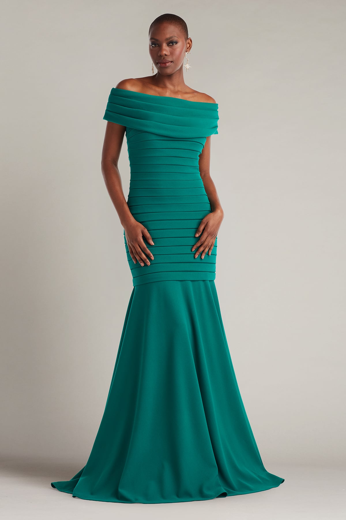 Formal Dresses Long Pleated Formal Mermaid Dress Tadashi Shoji BOS25688L Emerald