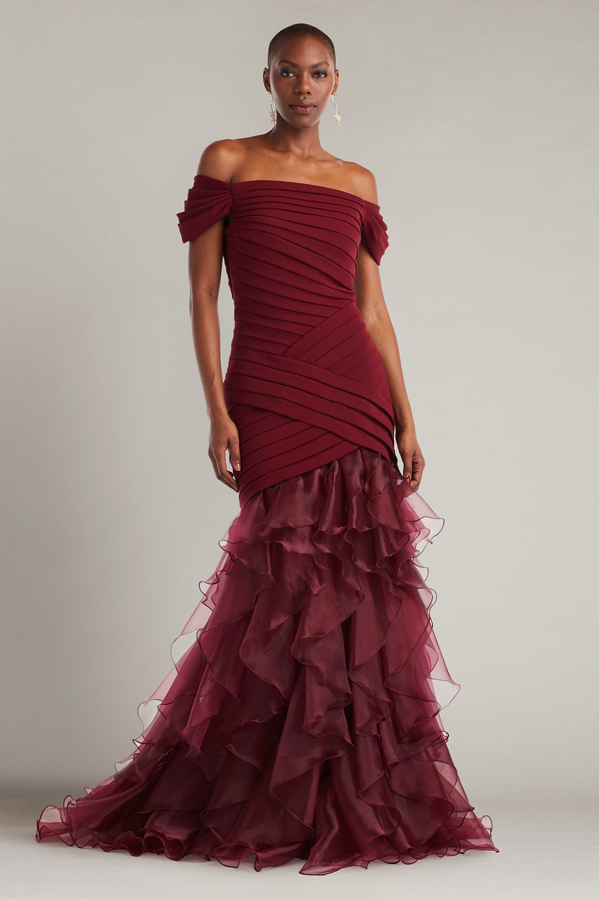 Prom Dresses Ruffle Long Formal Pleated Mermaid Prom Dress Tadashi Shoji BOS25692L Cinnamon