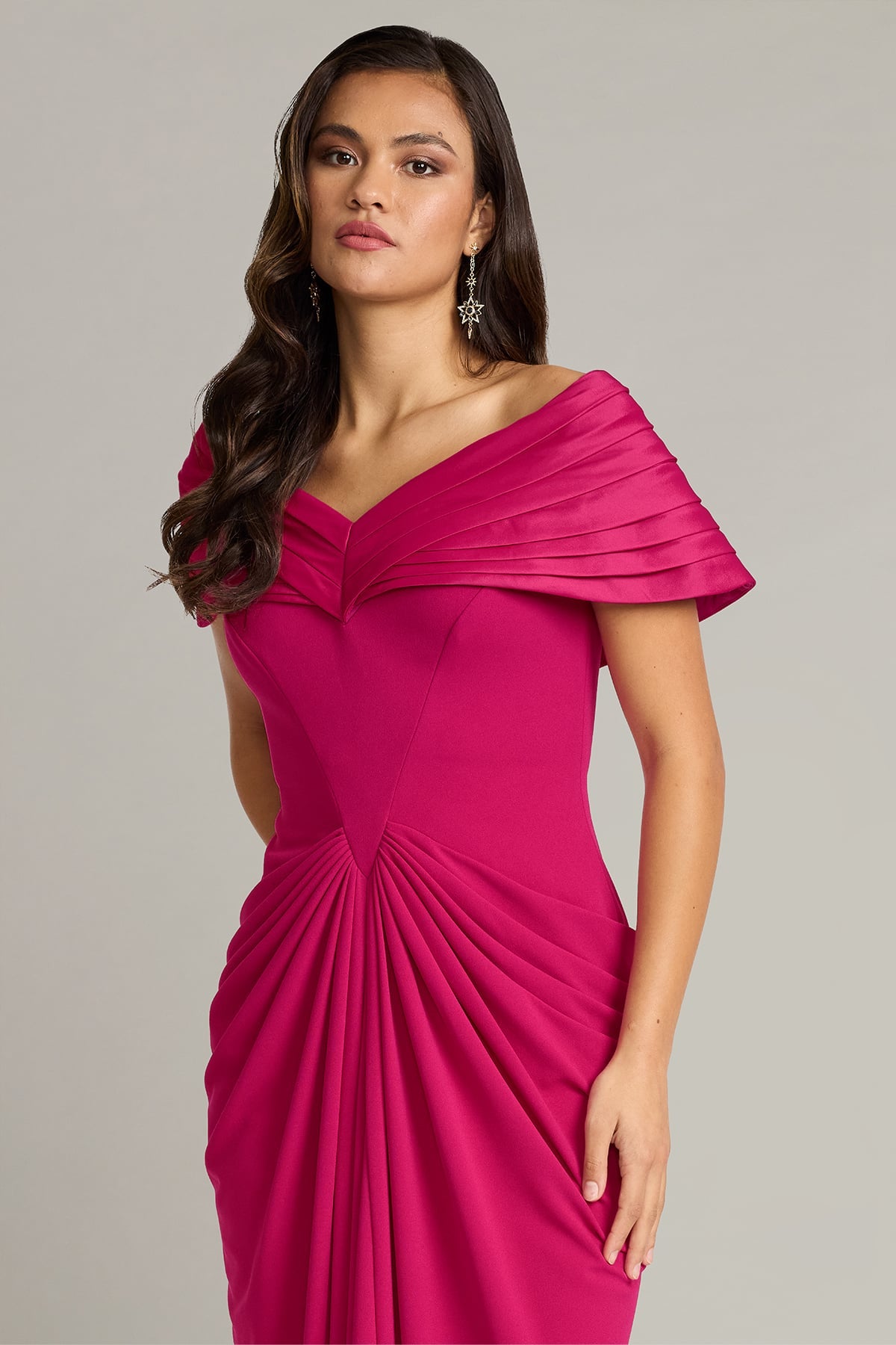 Off-the-Shoulder Floor-Length Crepe Formal Draped Gown Tadashi