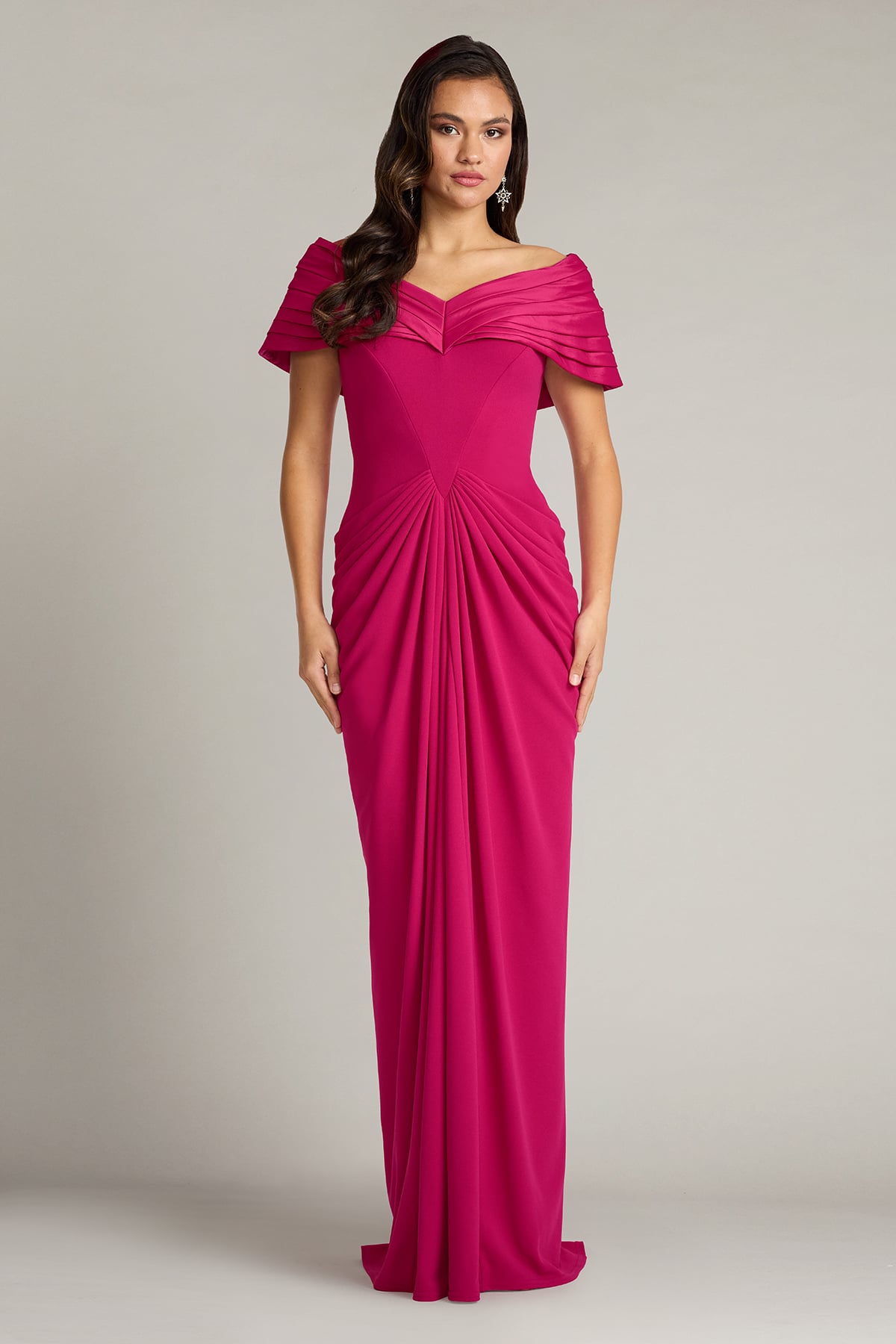 Hibiscus Off-the-Shoulder Floor-Length Crepe Formal Draped Gown Tadashi Shoji BOS25800L