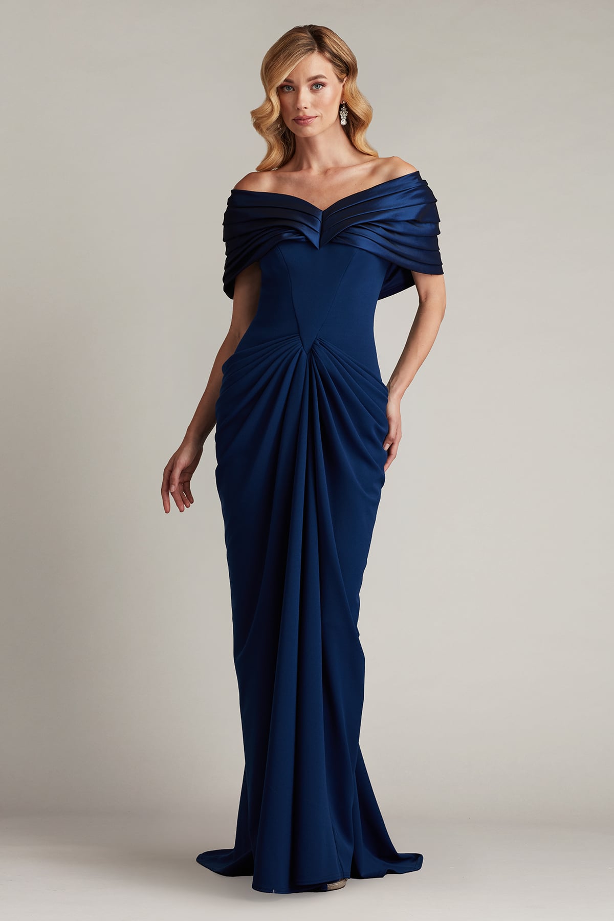 Navy Off-the-Shoulder Floor-Length Crepe Formal Draped Gown Tadashi Shoji BOS25800L
