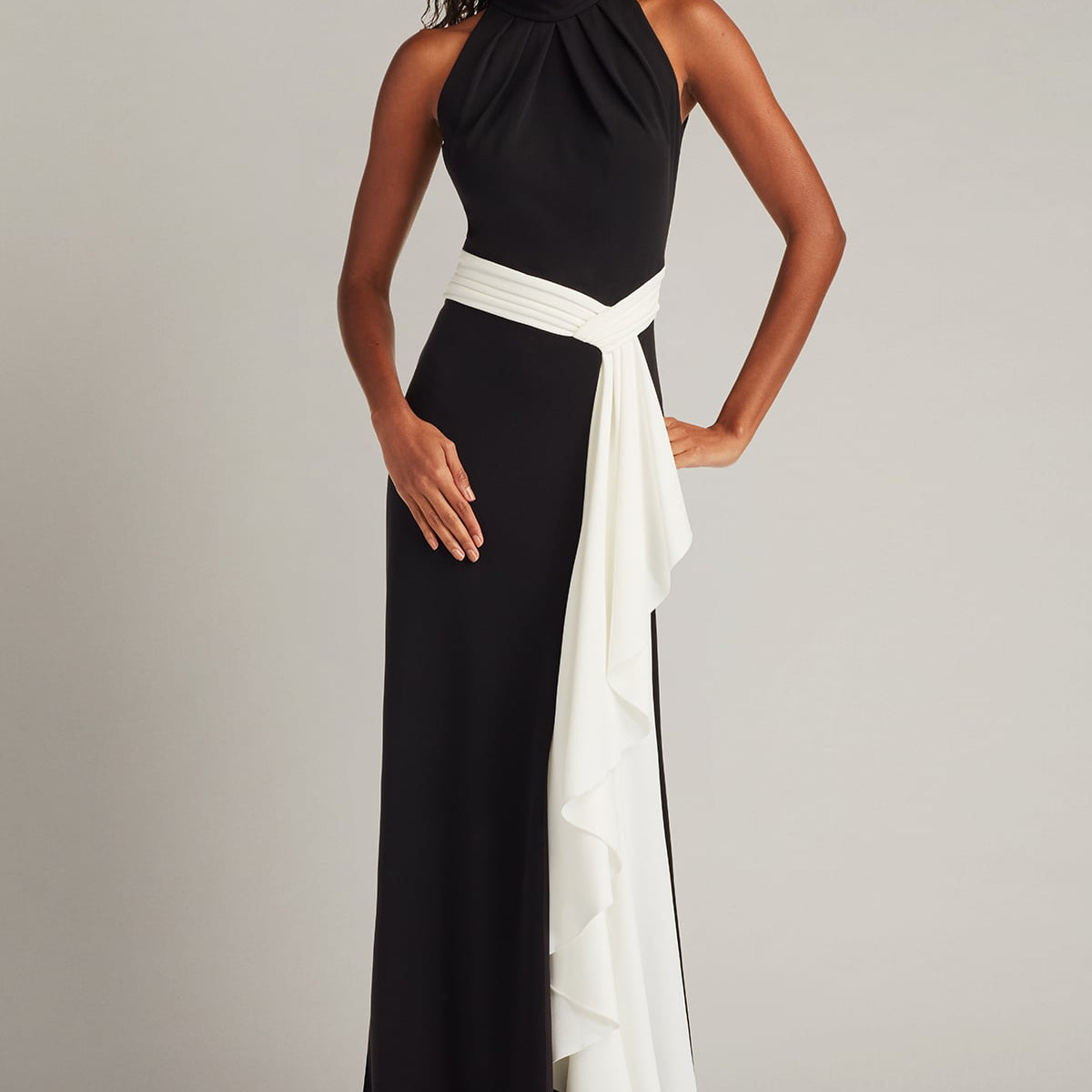 hawthorne dress black ivory Tadashi Shoji Women's Pexa Waterfall Sash Gown - Promoted