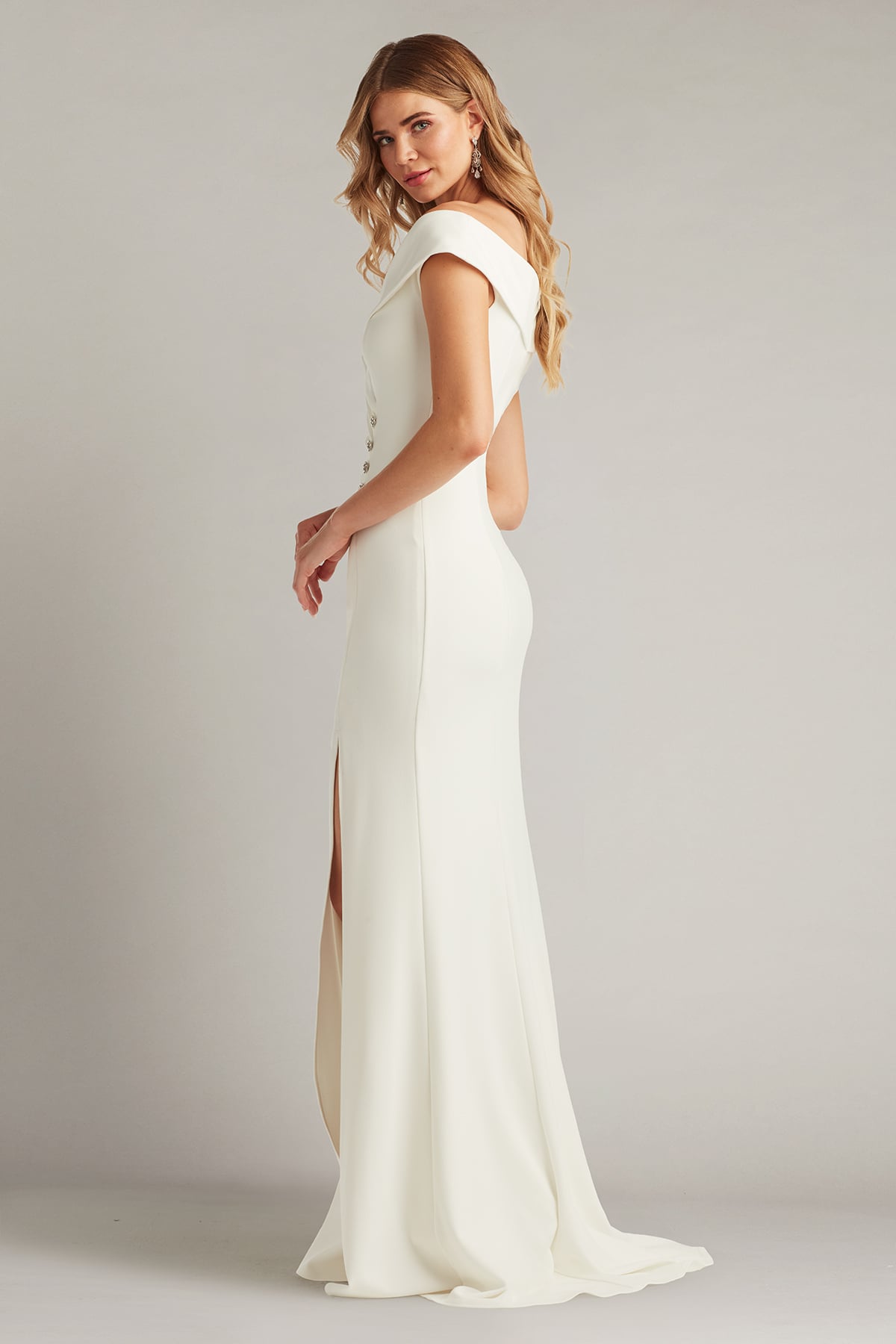 Wedding Dresses Long Fitted Beaded Slit Wedding Dress Tadashi Shoji BOS26013LBR Ivory
