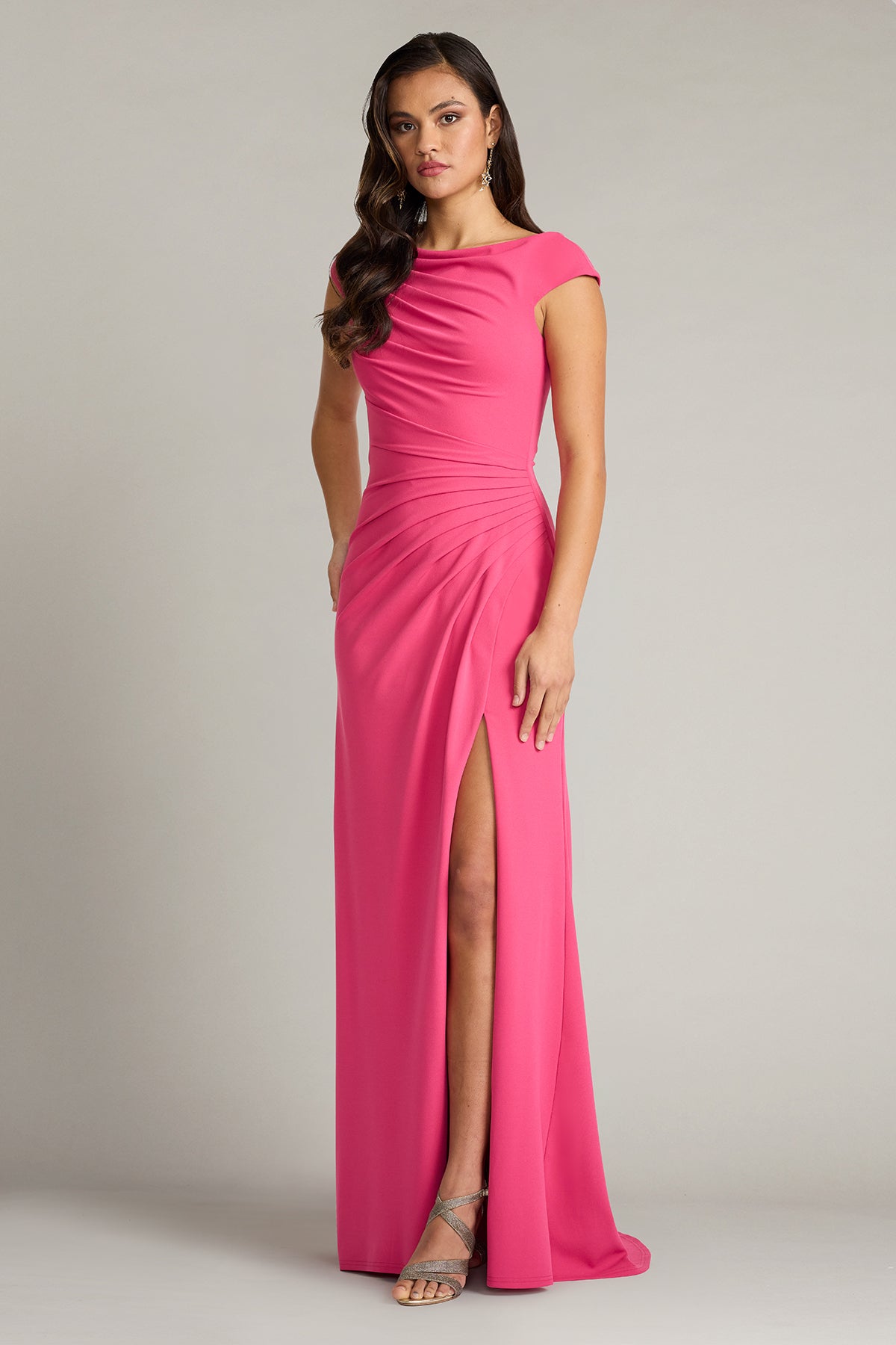 Cabaret Bateau Neck Floor-Length Crepe Formal Gown with Side Slit Tadashi Shoji BOS26105L