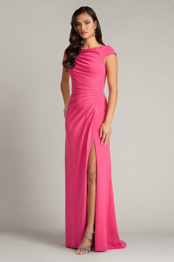 Bateau Neck Floor-Length Crepe Formal Gown with Side Slit Tadashi Shoji BOS26105L