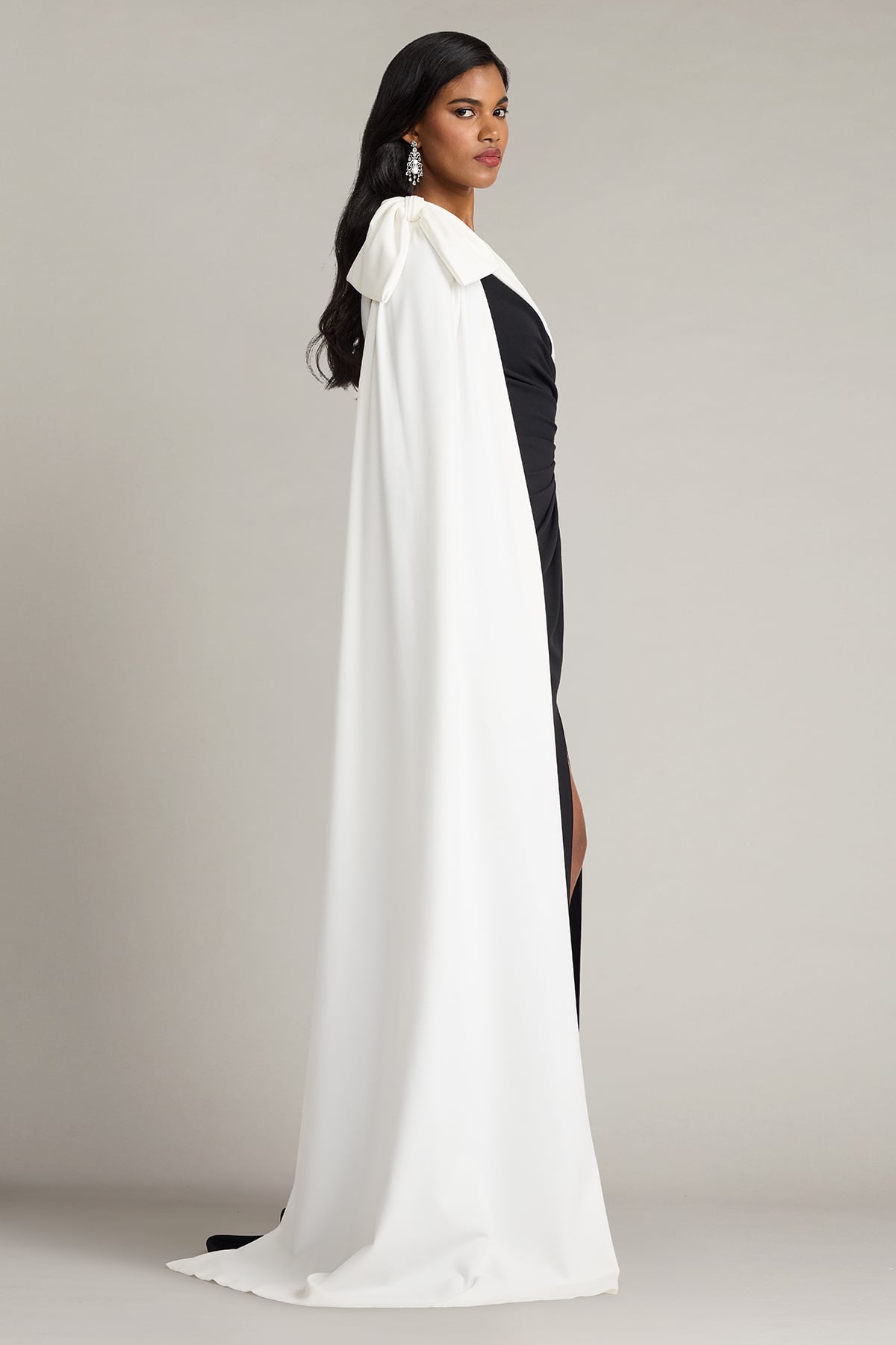 Formal Dresses Long Slit Pleated Cape Formal Dress Tadashi Shoji BOS26177L Black/Ivory