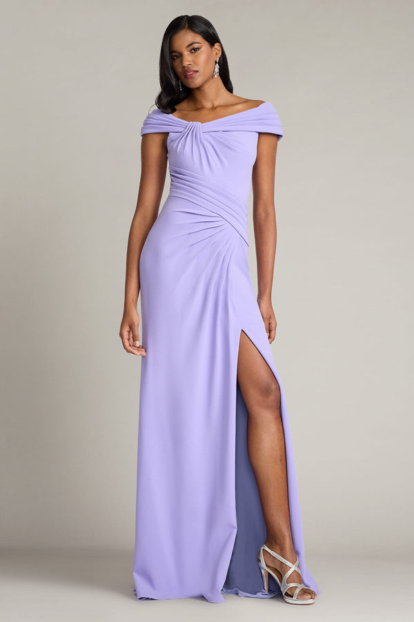 Off-the-Shoulder Floor-Length Scuba Formal Gown with Side Slit Tadashi Shoji BOS26182L
