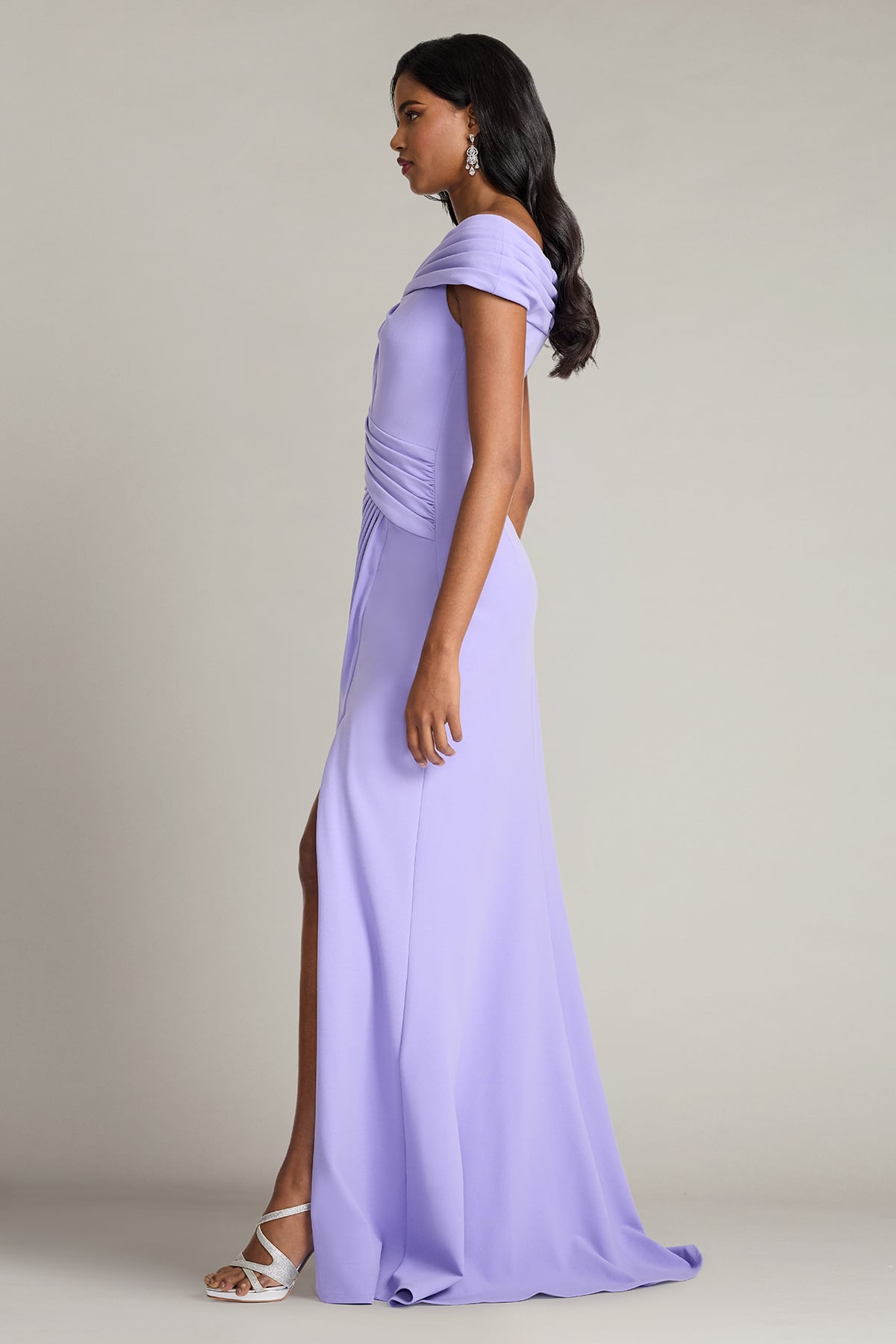 Lavender Mist Off-the-Shoulder Floor-Length Scuba Formal Gown with Side Slit Tadashi Shoji BOS26182L