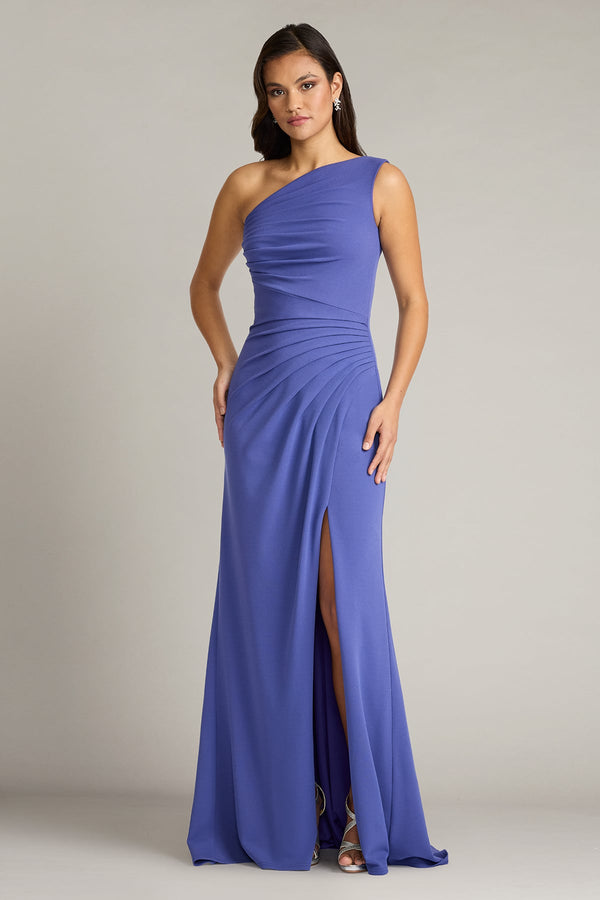 One-Shoulder Floor-Length Crepe Formal Ruched Gown with Side Slit Tadashi Shoji BOS26183L