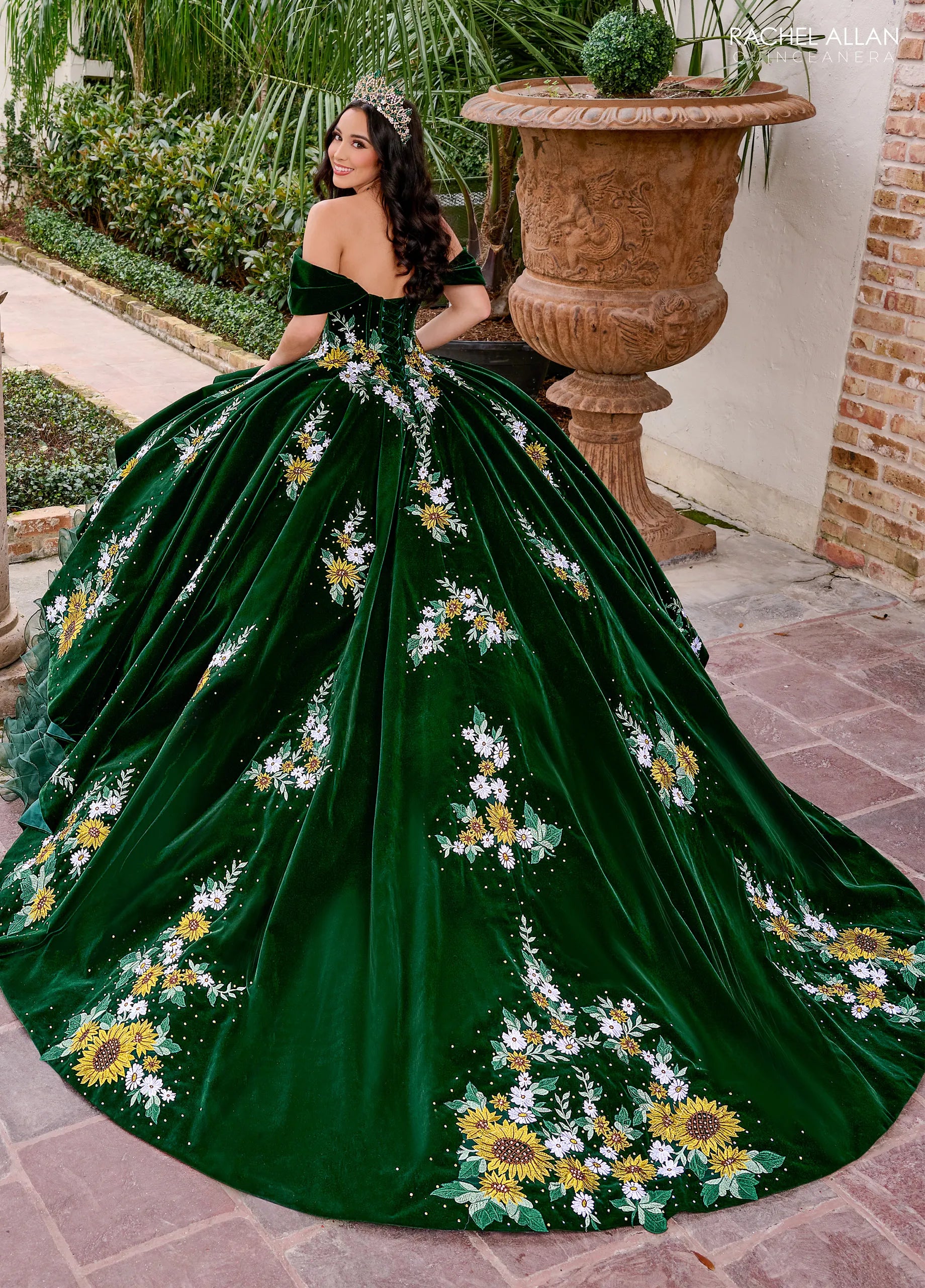 Emerald Multi Off the Shoulder Floor Length Velvet Organza Quinceanera Ball Gown with Floral Appliques Rachel Allan RQ5005