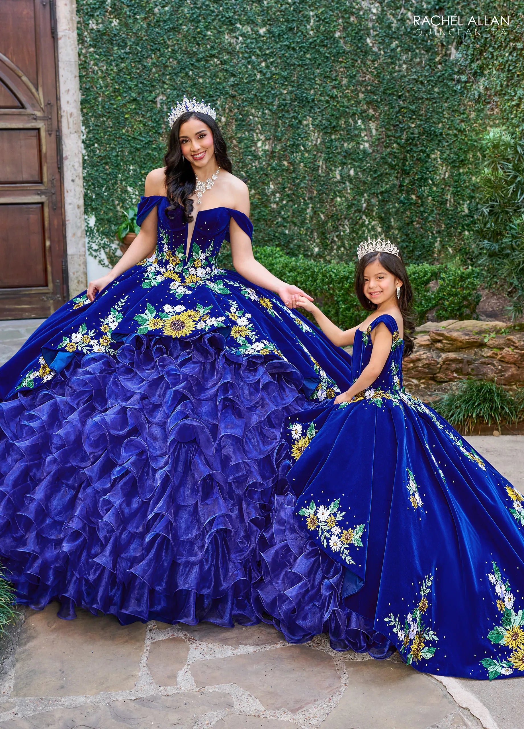 Royal Multi Off the Shoulder Floor Length Velvet Organza Quinceanera Ball Gown with Floral Appliques Rachel Allan RQ5005