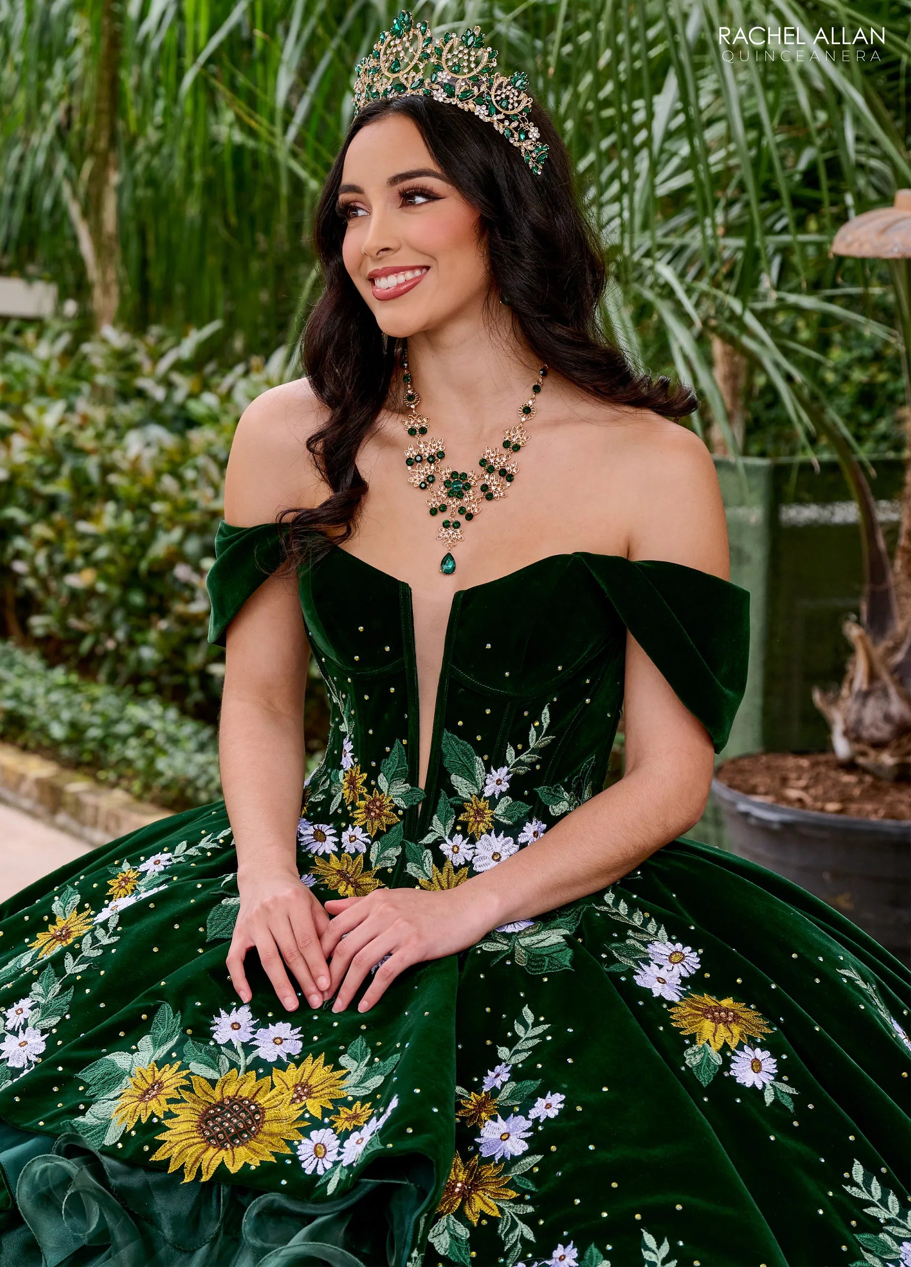 Emerald Multi Off the Shoulder Floor Length Velvet Organza Quinceanera Ball Gown with Floral Appliques Rachel Allan RQ5005