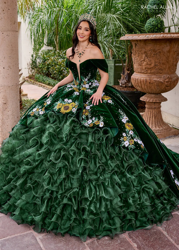 Off the Shoulder Floor Length Velvet Organza Quinceanera Ball Gown with Floral Appliques Rachel Allan RQ5005