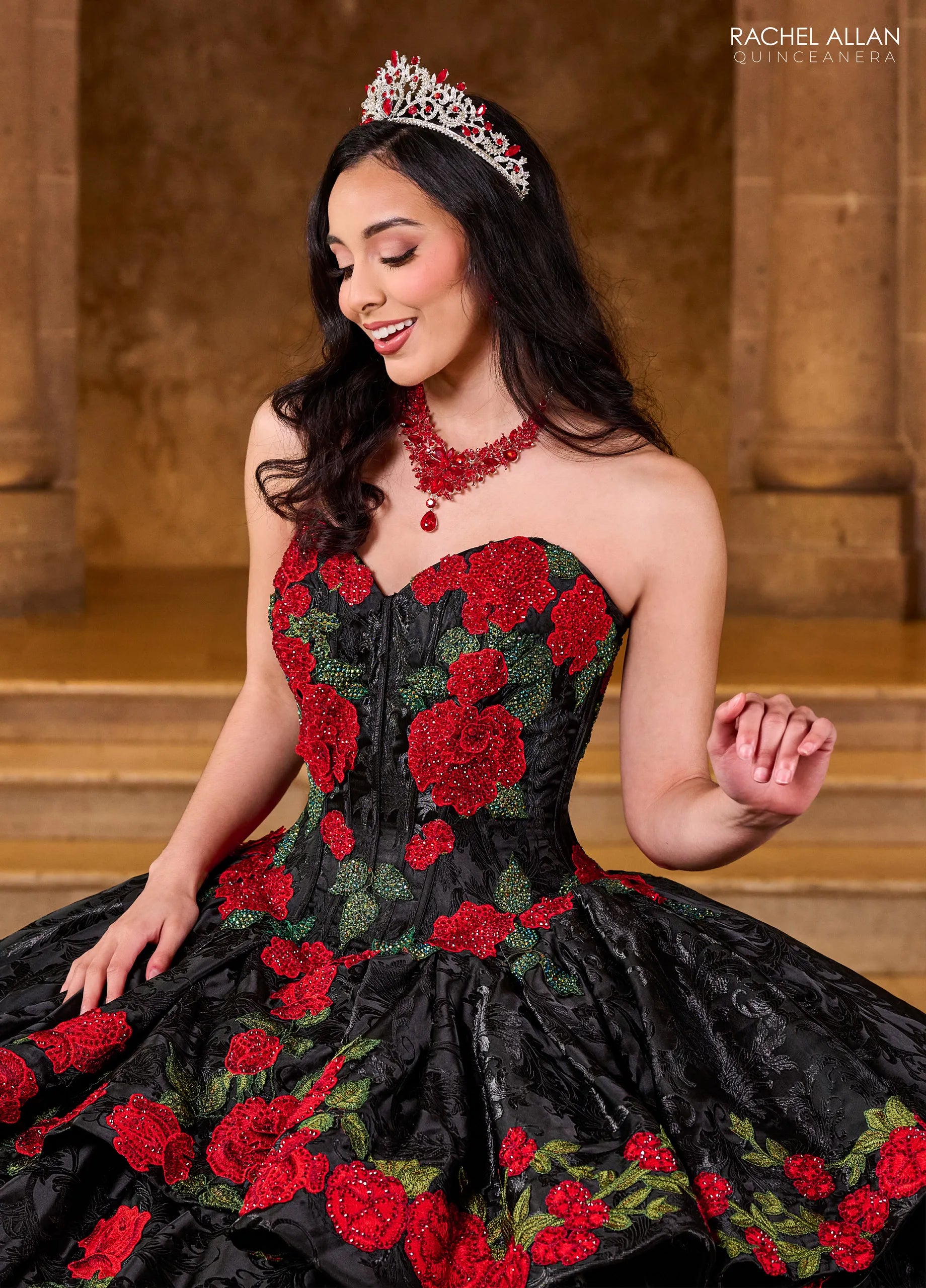 Black Red Sweetheart Floor Length Glitter Tulle Quinceanera Ball Gown with Embroidery\ Rachel Allan RQ5006