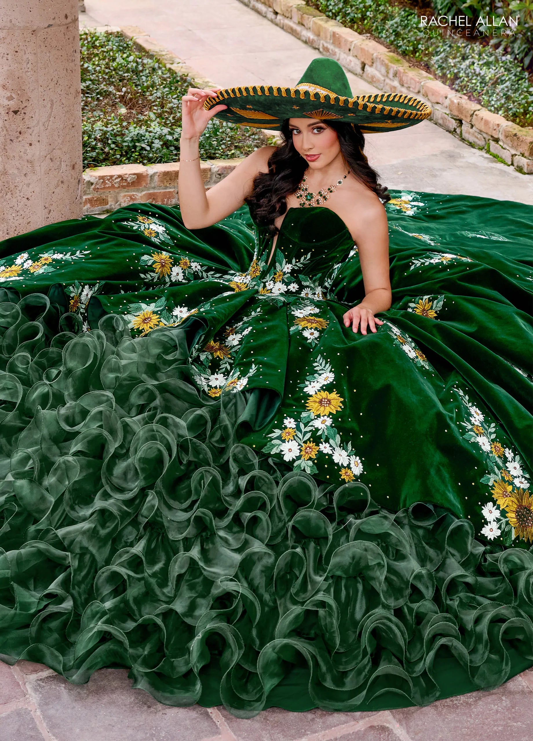 Emerald Multi Off the Shoulder Floor Length Velvet Organza Quinceanera Ball Gown with Floral Appliques Rachel Allan RQ5005