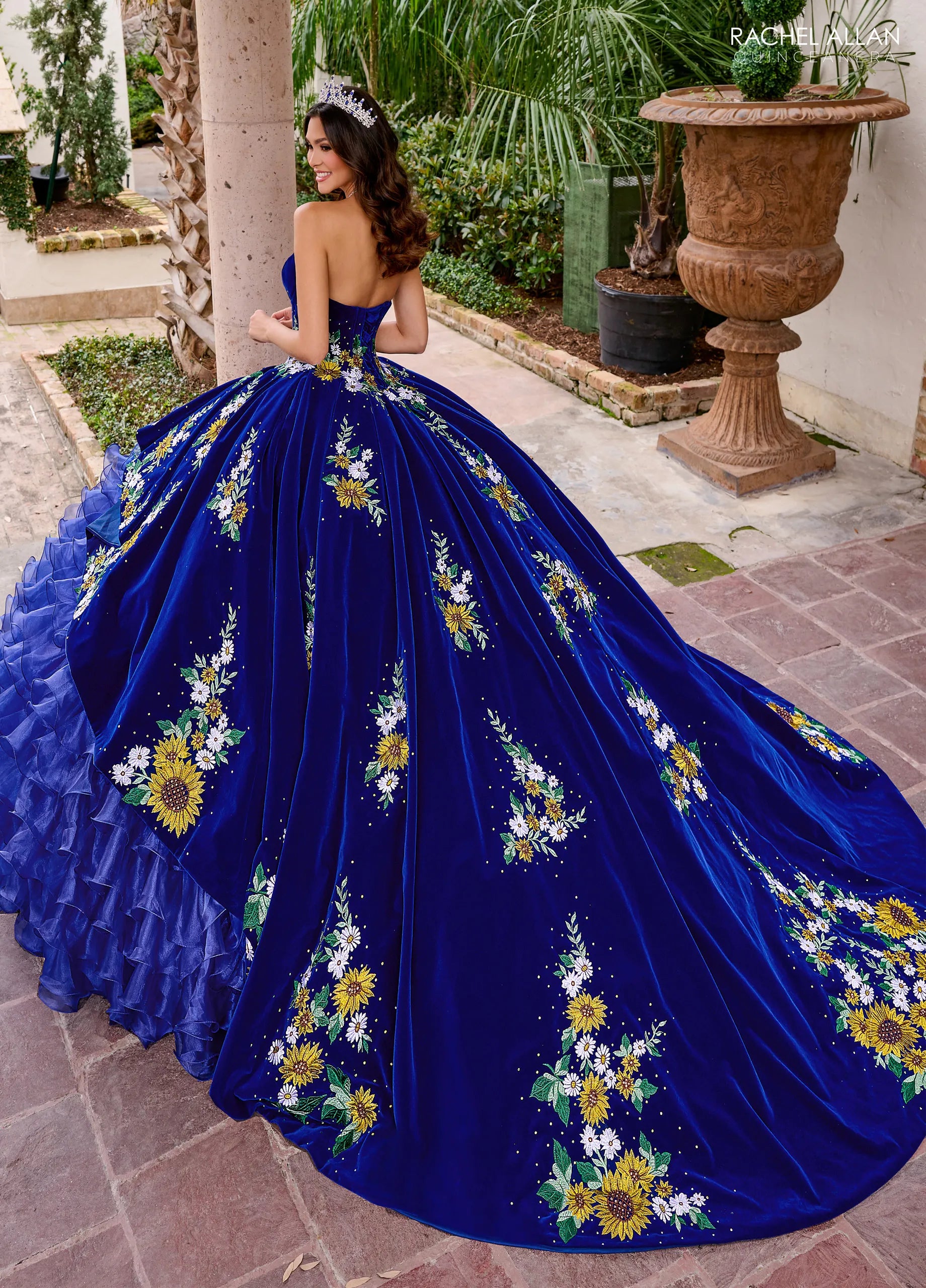 Royal Multi Off the Shoulder Floor Length Velvet Organza Quinceanera Ball Gown with Floral Appliques Rachel Allan RQ5005