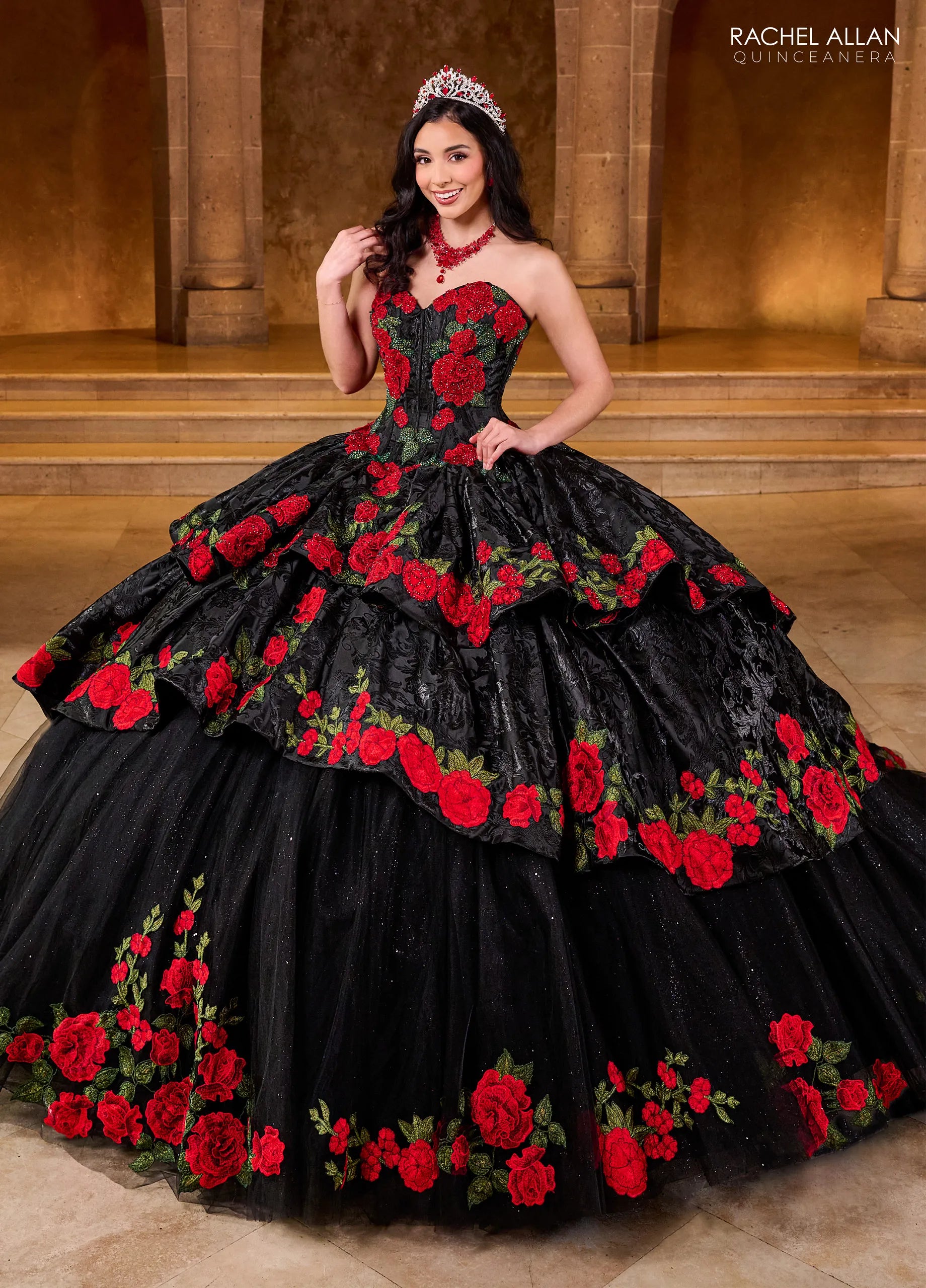 Black Red Sweetheart Floor Length Glitter Tulle Quinceanera Ball Gown with Embroidery\ Rachel Allan RQ5006