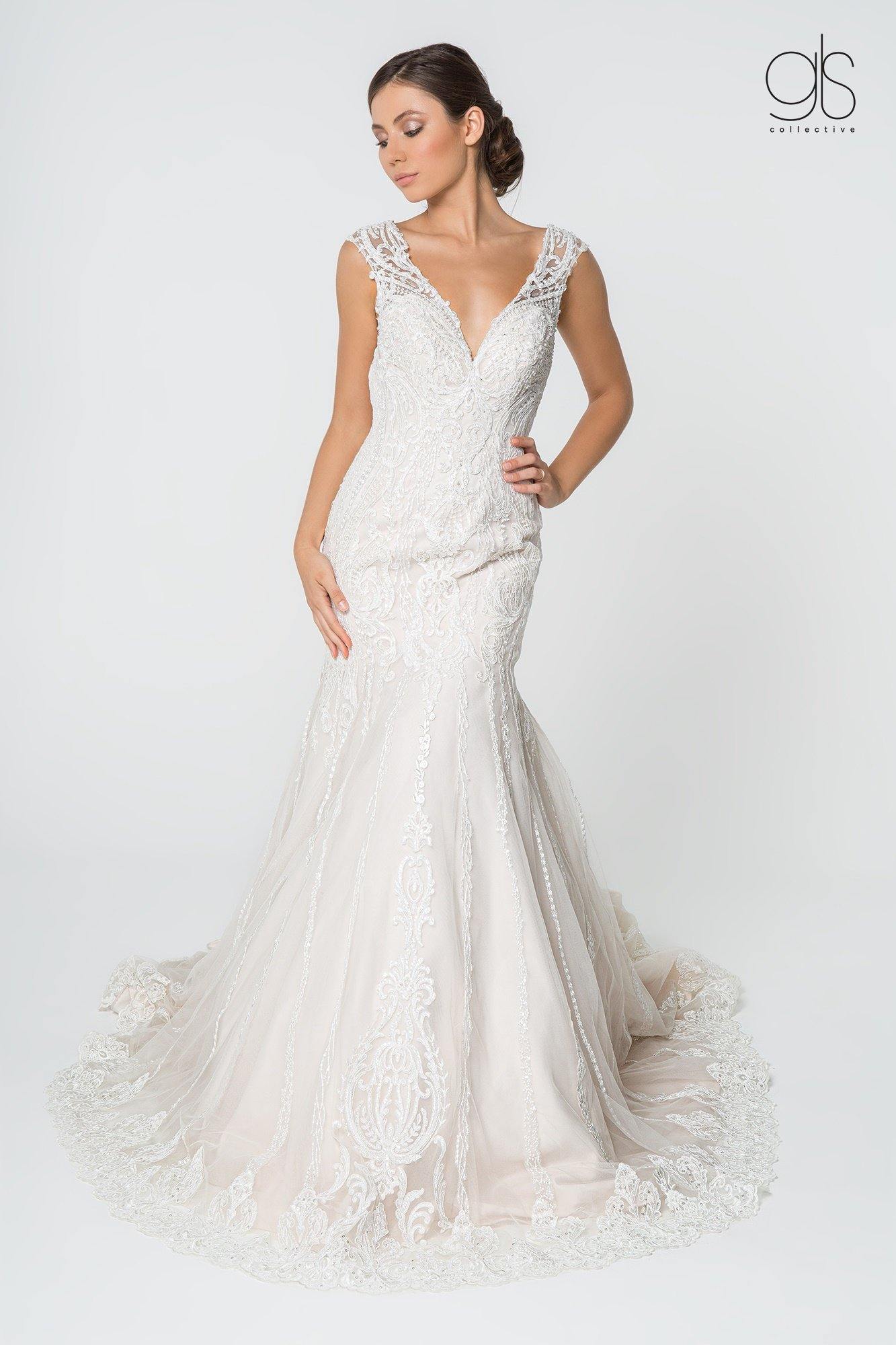 Bridal Long Gown Lace Embellished V-Neck Wedding Dress
