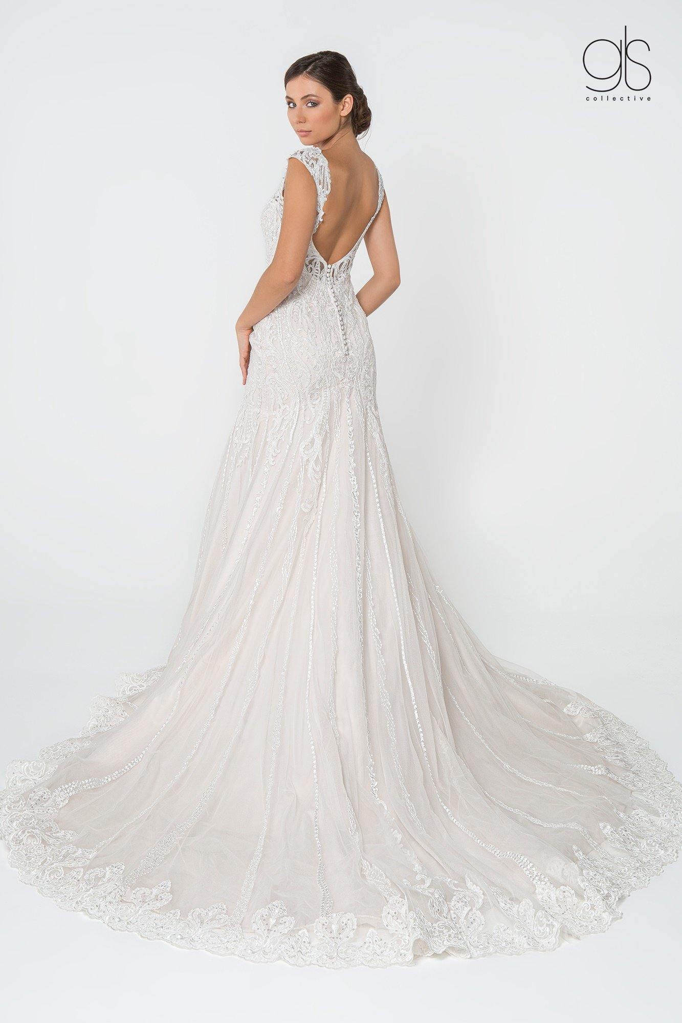Bridal Long Gown Lace Embellished V-Neck Wedding Dress - The Dress Outlet Elizabeth K