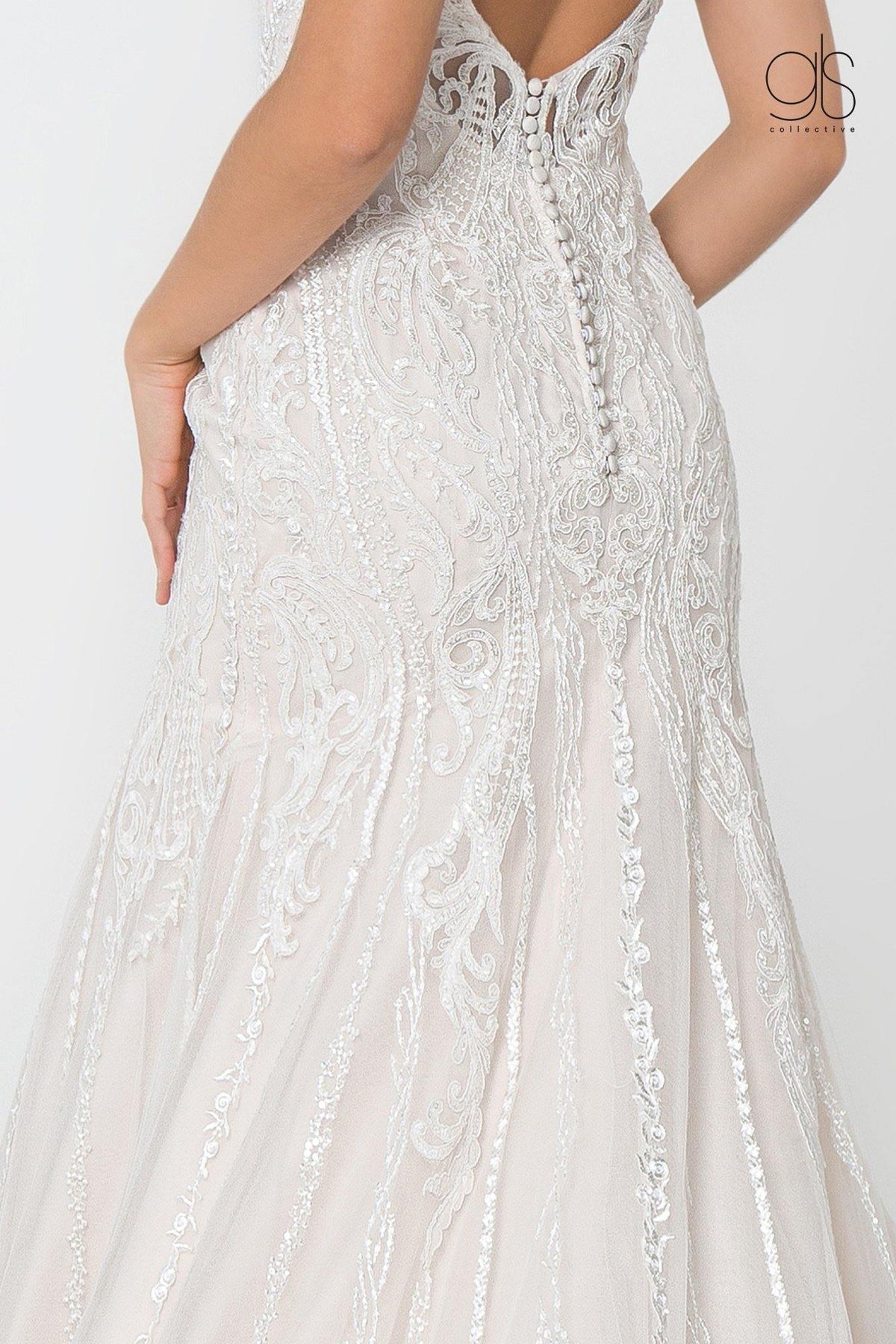 Ivory/Cream Bridal Long Gown Lace Embellished V-Neck Wedding Dress