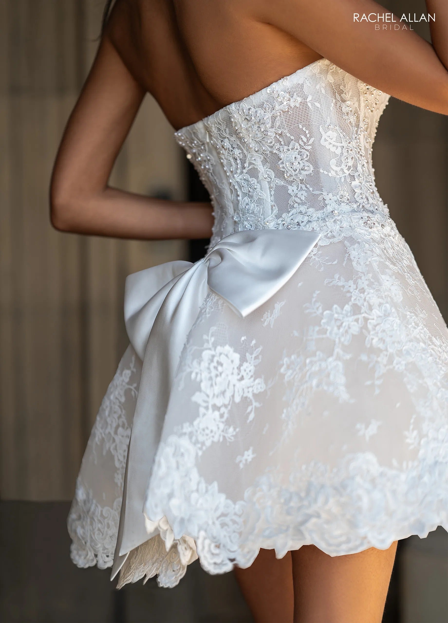 Ivory Nude Sweetheart Mini Lace Bridal Reception Dress with Corset Bodice Rachel Allan RB1011 Rachel Allan RB1011