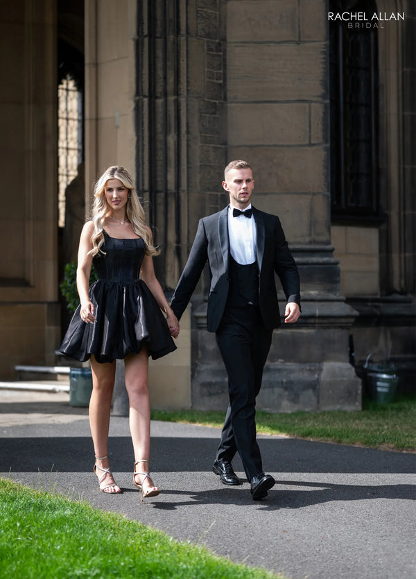 Square Neck Mini Satin Cocktail Dress with Pockets and Bubble Hem Rachel Allan RB1004