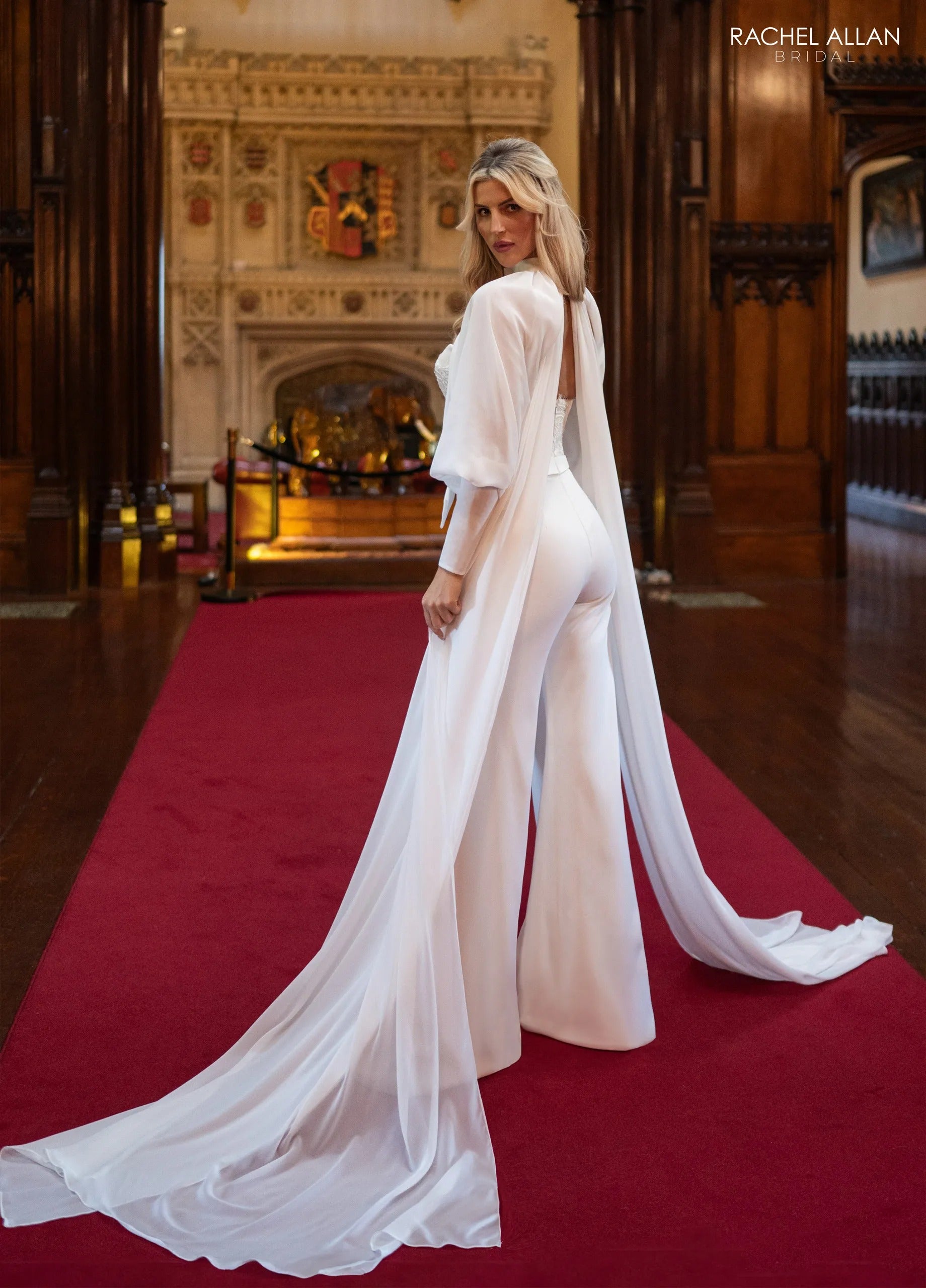Ivory Nude Sweetheart Floor-Length Crepe Bridal Jumpsuit with Chiffon Cape Rachel Allan RB1019