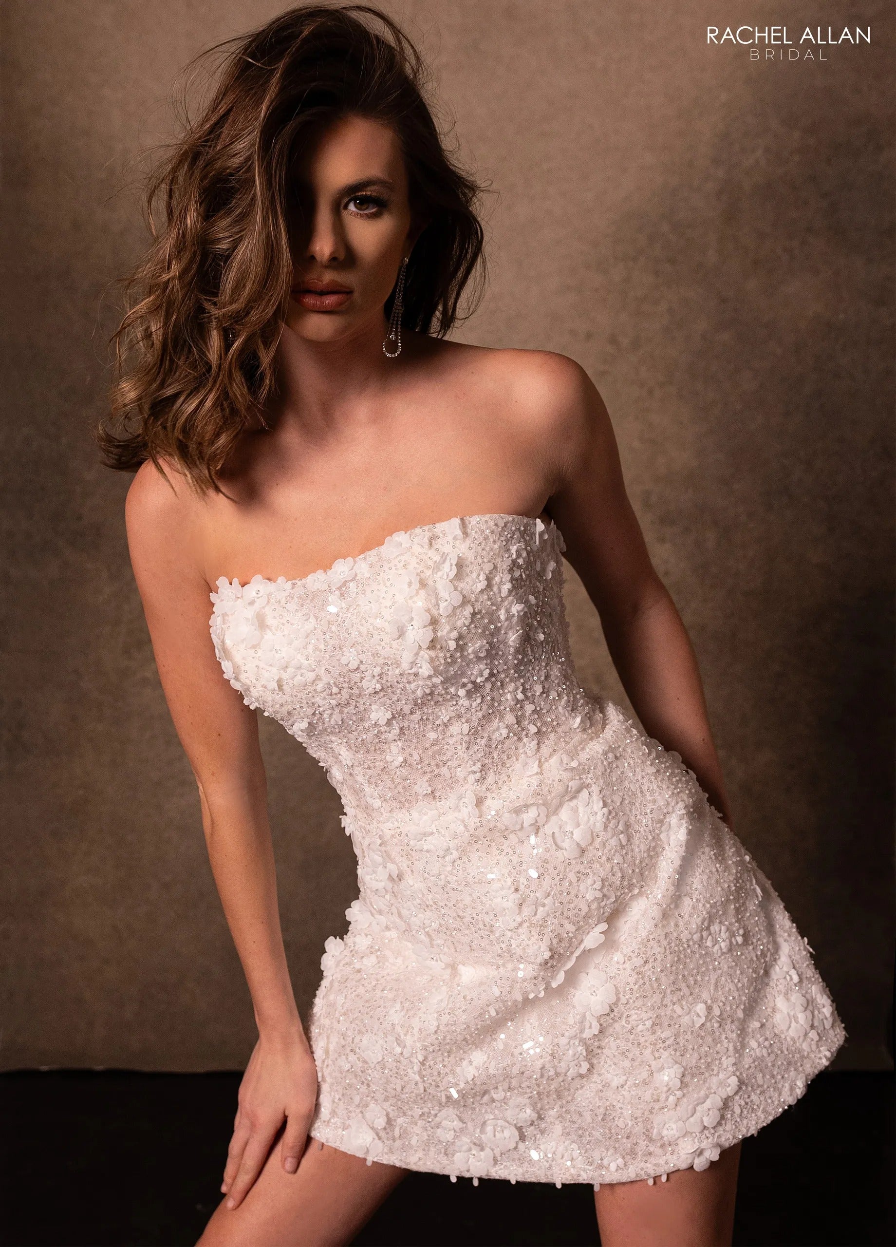 Champagne Strapless Mini Beaded Tulle Cocktail Dress with 3D Floral Applique Rachel Allan RB1000