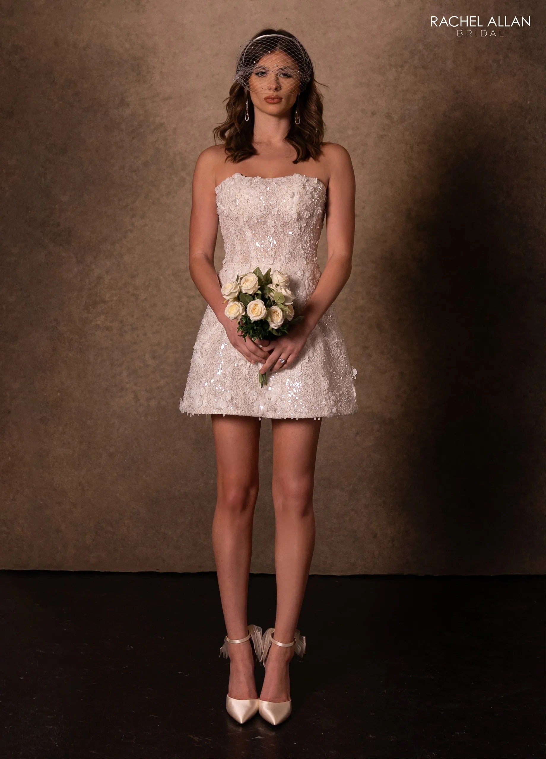 Champagne Strapless Mini Beaded Tulle Cocktail Dress with 3D Floral Applique Rachel Allan RB1000