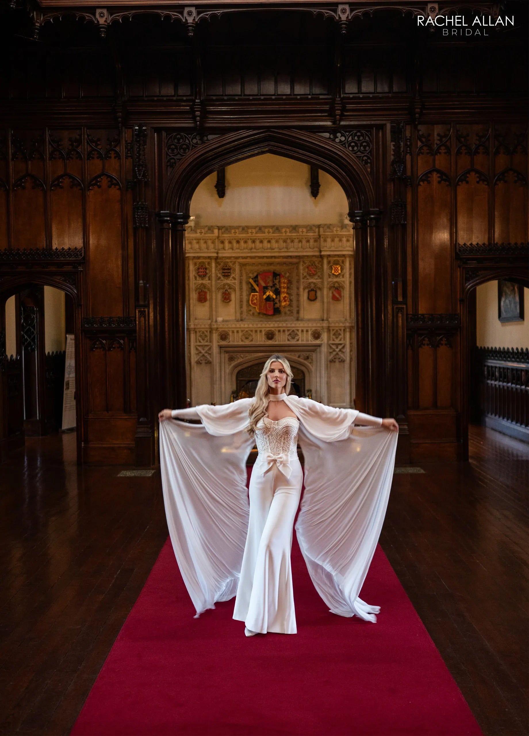 Ivory Nude Sweetheart Floor-Length Crepe Bridal Jumpsuit with Chiffon Cape Rachel Allan RB1019