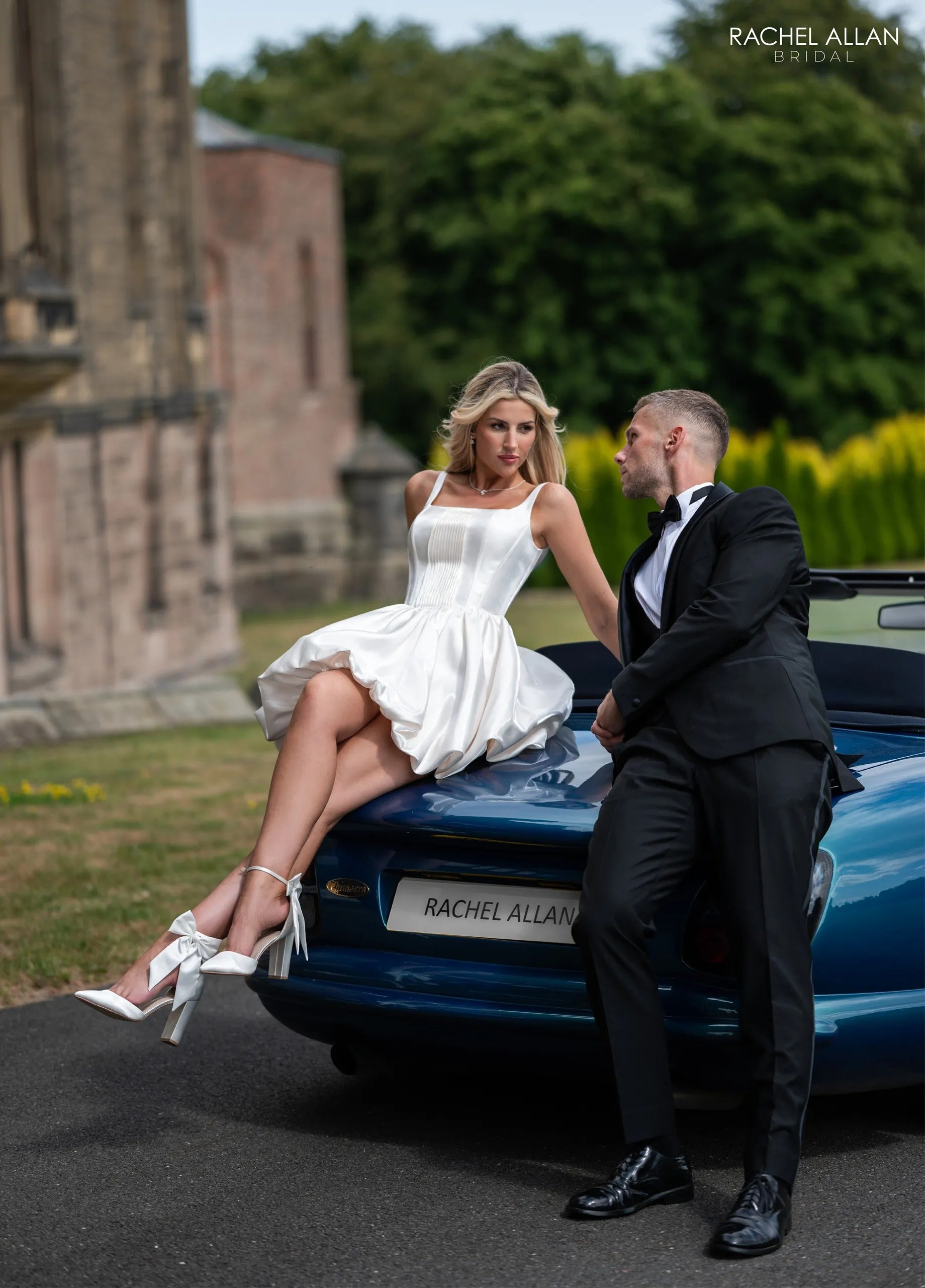 Pearl Square Neck Mini Satin Wedding Dress with Pockets and Bubble Hem Rachel Allan RB1004 Rachel Allan RB1004
