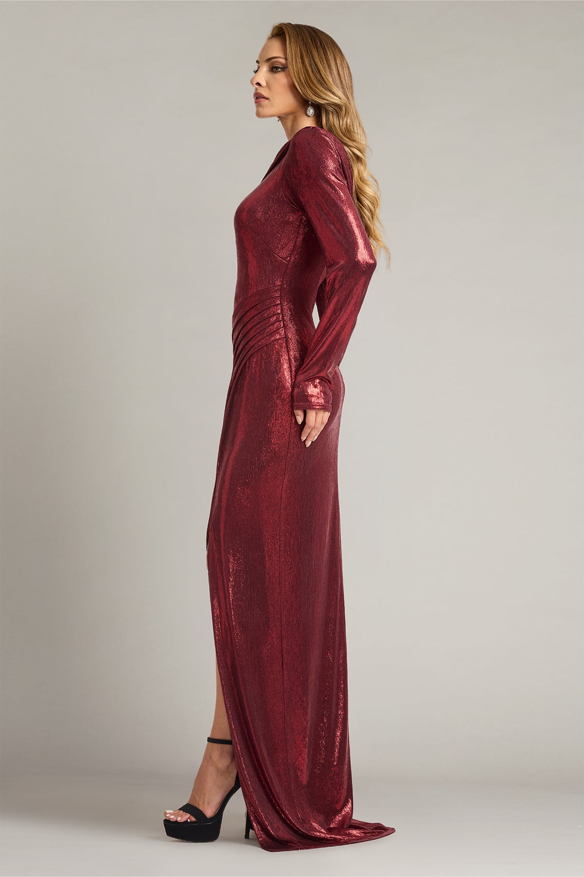 Formal Dresses Metallic Fitted Long Formal Dress Lava Red