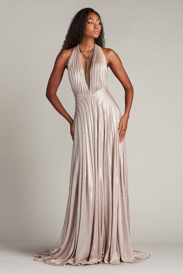 Tadashi Shoji BSJ25440L Pleated Long Formal Metallic Prom Dress