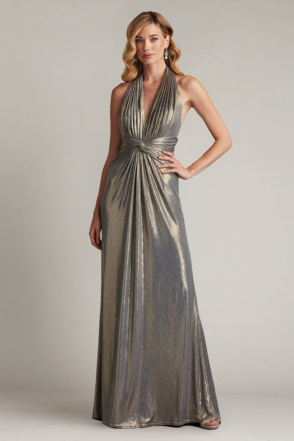 Tadashi Shoji BSJ25803L Prom Long Pleated Formal Metallic Dress