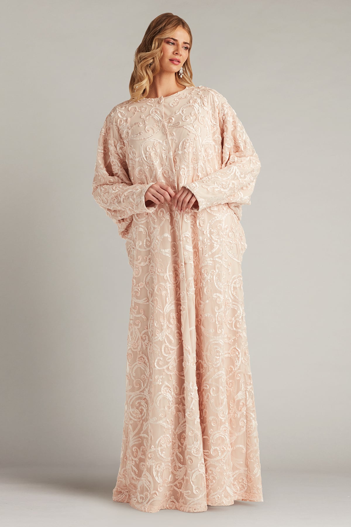 Rose Mist Crew Neck Floor-Length Embroidered Lace Mother of the Bride Long Sleeve Gown Tadashi Shoji BUS18270L