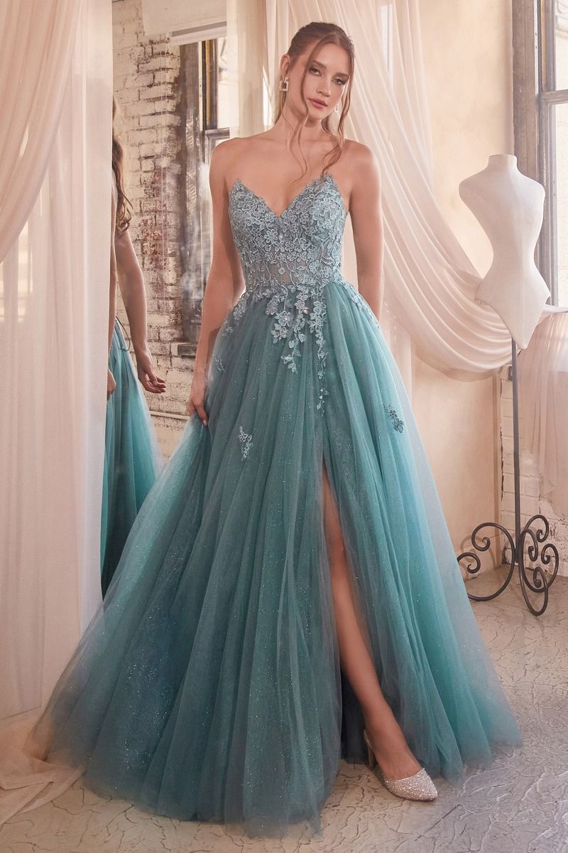 LaDivine C148 Long Formal A Line Corset Applique Prom Dress