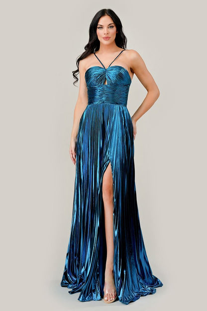 Prom Dresses Pleated Halter Metallic Formal Prom Long Dress Blue