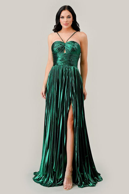Prom Dresses Pleated Halter Metallic Formal Prom Long Dress Emerald