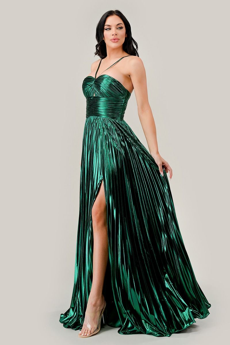 Prom Dresses Pleated Halter Metallic Formal Prom Long Dress Emerald