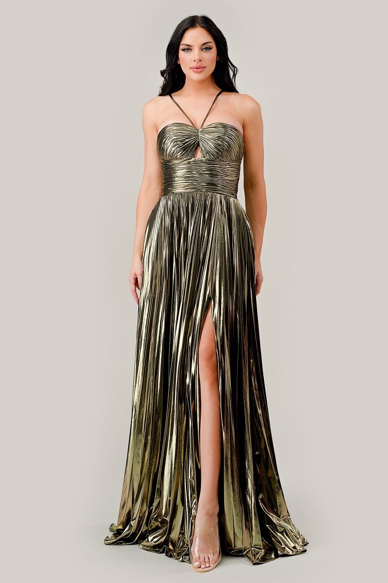 Prom Dresses Pleated Halter Metallic Formal Prom Long Dress Gold