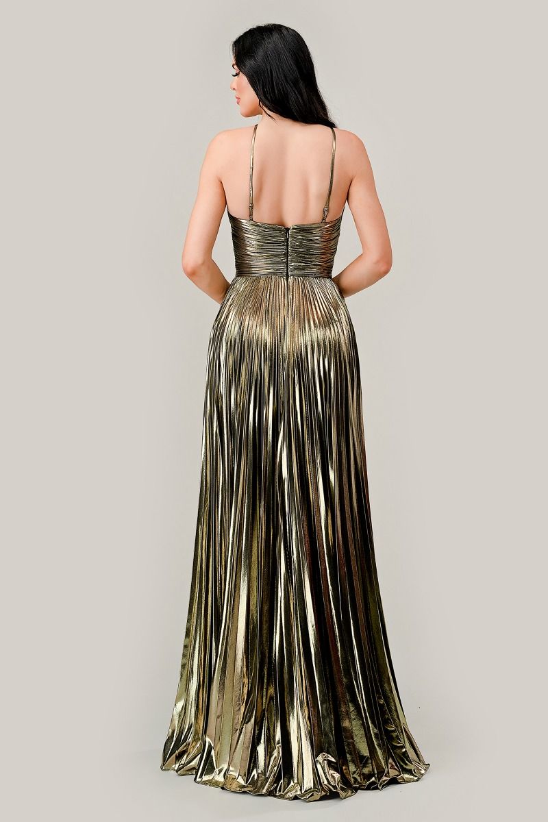 Prom Dresses Pleated Halter Metallic Formal Prom Long Dress Gold