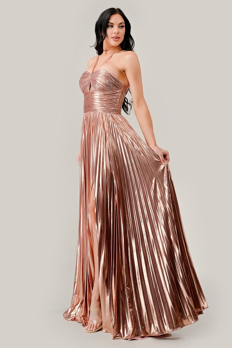 Prom Dresses Pleated Halter Metallic Formal Prom Long Dress Rose Gold