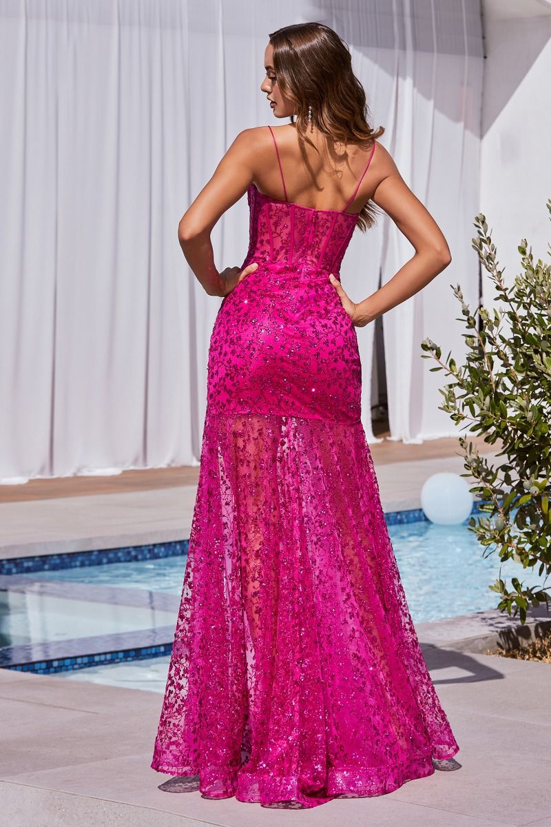 Prom Dresses Fitted Glitter Formal Long Print Prom Dress Fuchsia
