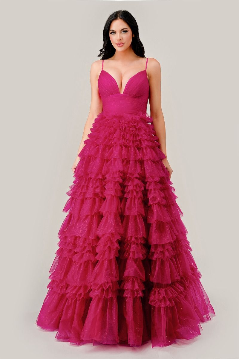 Prom Dresses Long Ruffle Formal Prom Ball Gown Fuchsia