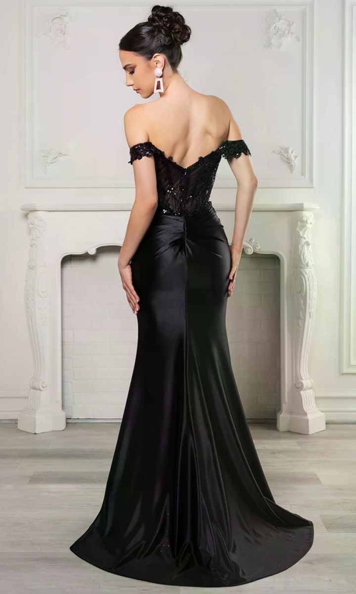 Off-the-Shoulder Floor-Length Satin Evening Gown Mermaid May Queen 2153