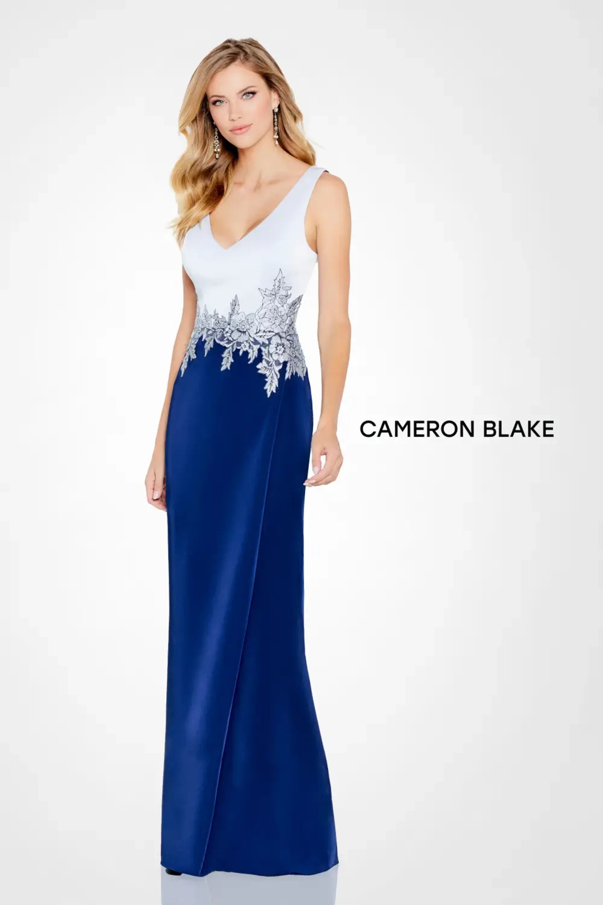 Formal Dresses Fitted Long Formal Lace Applique Evening Gown Ice Gray/Navy Blue